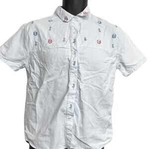 Willow Bay Top Women Size S Blue White Striped Button Up Embroidered Flower